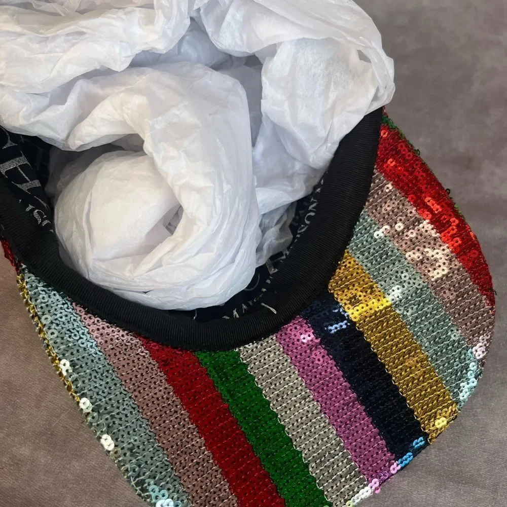 Maison Michel Paris Stripe Rainbow Colorful Nell Sequin Hat Baseball Cap M